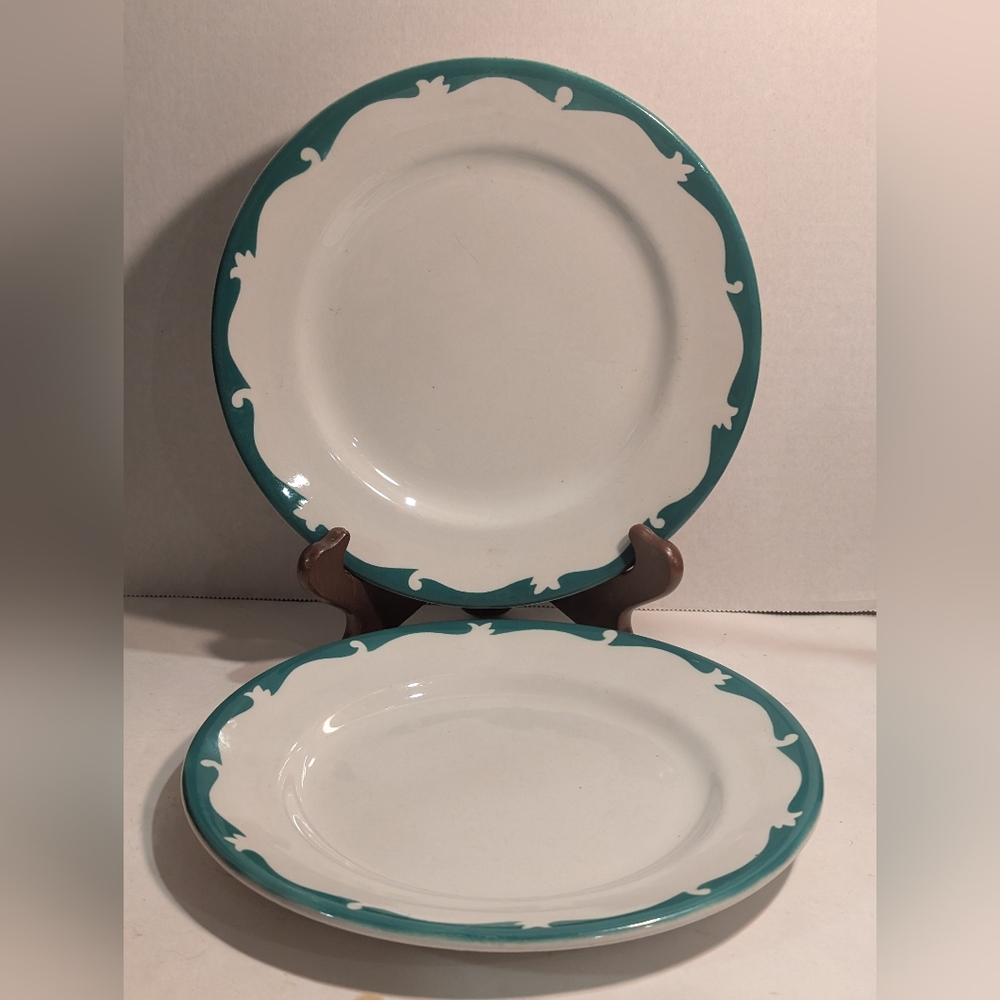2 Newport Co. Dishes, Burslem England, Green Wave Restaurant Ware Ironstone.